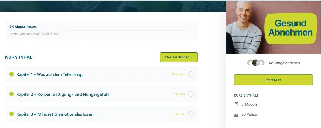 Screenshot der Kursplattform: Kursinhalt Gesund Abnehmen